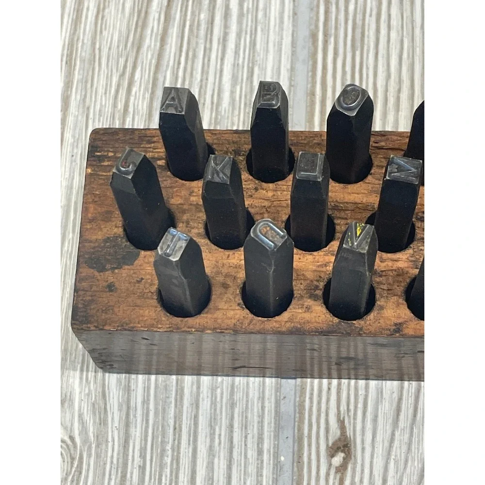 Vintage Industrial Metal Letter Stamp Set Alphabet A-Z with Wooden Storage Box